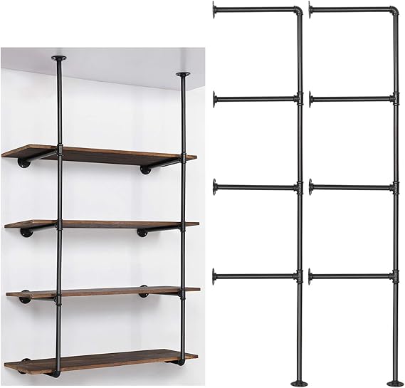 LIANTRAL Industrial Wall Mount Iron Pipe Shelf, 4 Tier X2 Pipe Shelving | Black DIY Open Bookshelf, Retro Storage Shelves Pipe Shelf Hung Bracket