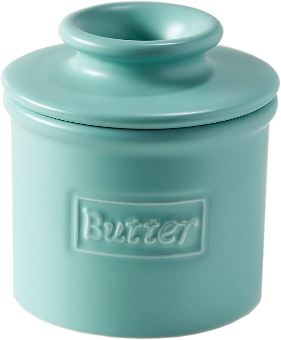 Butter Bell Crock by L. Tremain French Ceramic Butter Keeper, Aqua | Cafe pattern crock in a modern matte glaze. Water seal keeps butter fresh & spreadableno refrigeration needed.