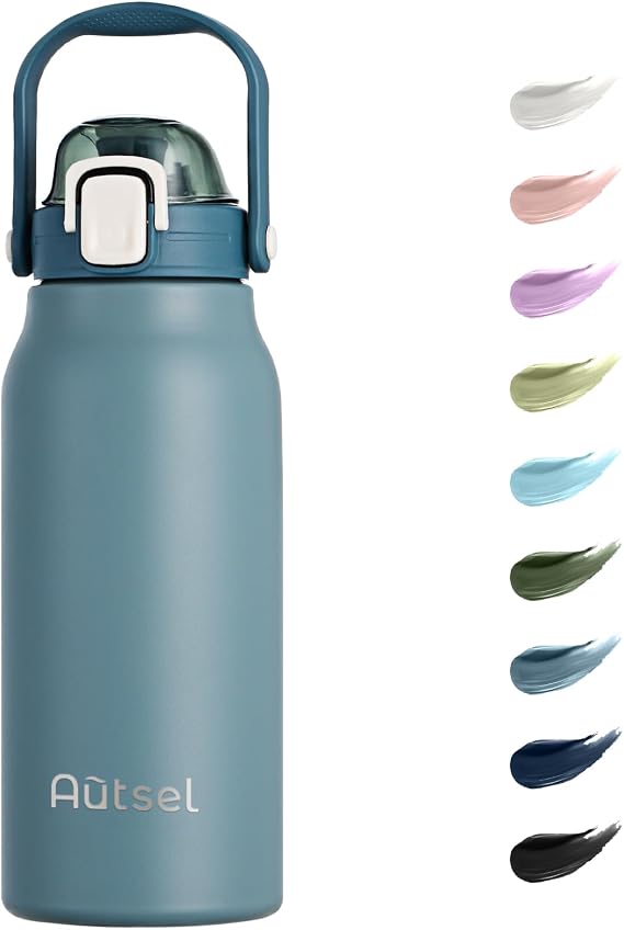 1.7L Stainless Steel Water Bottle with Straw, Large Metal Flask with Handle