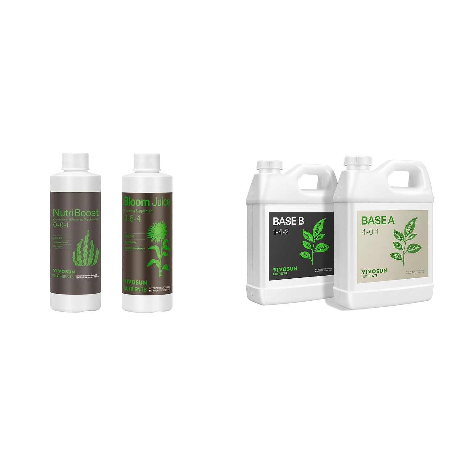 VIVOSUN NutriBoost 0-0-1, Bloom Juice 0-6-4 and Plant Food Nutrients Base A4-0-1 & B1-4-2 Bundle, All Purpose Liquid Fertilizer, Hydroponic Plant Food Supports Vegetative and Flowering Stages