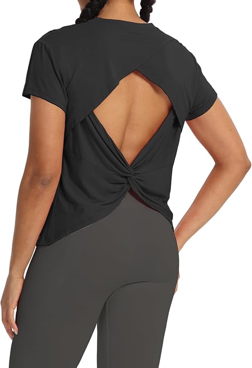 Bestisun Backless Workout Athletic Shirt Short Sleeve Split Back Yoga Tops