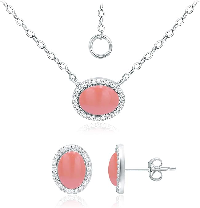 SEA OF ICE 925 Sterling Silver 8x6 Oval Shape Genuine or Simulated Gemstone Pendant Necklace, 16"+ 2" Extender and Stud Earrings, Jewelry Set for Women