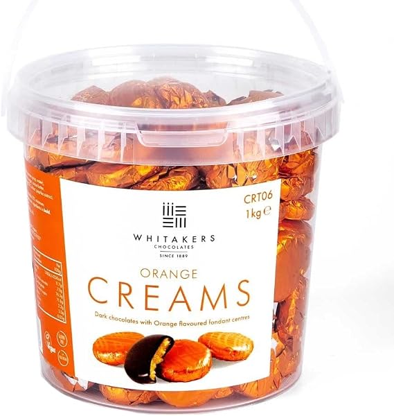 Whitakers Chocolates Dark Chocolate Creams - Orange Foiled Fondant Cremes Plastic Tub (Orange, 1kg) | Each 150g box contains 15 expertly crafted chocolates, offering a perfect balance of deep cocoa flavour and refreshing.