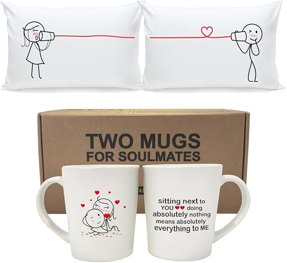BoldLoft Couple Pillowcases & Mugs Bundle - Couple Gift Set for Valentines, Anniversary, Wedding, and Christmas