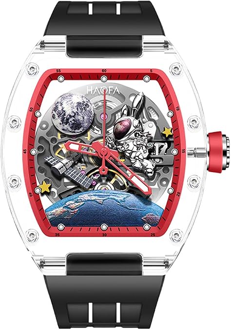 Haofa 3D Interstellar Spaceship Mechanical Watch for Men Automatic Hollow Transparent Glass Case Watch Waterproof Luminous Moon Rabbit Men Watch Casual Fashion 2320 Red