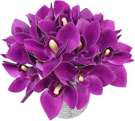 20pcs Real Touch Artificial Fake Plants Silk Cymbidium Orchid Flowers Arrangements Wedding Bouquets Decorations Floral Table Centerpieces Home Kitchen Garden Party (Dark Purple)