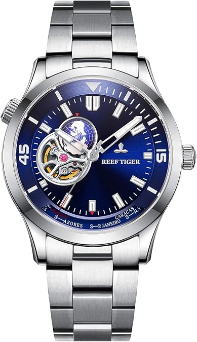 REEF TIGER Steel Automatic Mechanical Men Watch Worldtime Wrist Watch RGA1693-2