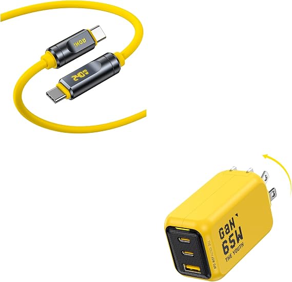 AOHI Youth 65W GaN+ USB C Charger Block, 3-Port PPS Type C Compact Foldable Laptop Fast Wall Charger +240W USB4 2.0 Cable with LED Digital Display 3.3ft with Dual 80Gbps Data Transfer