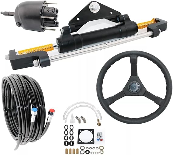 Boatman 300HP Hydraulic Outboard Steering Kit with Helm Pump Cylinder Steering Wheel Hose for Boat Steering System