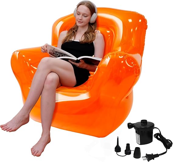 Inflatable Chair Blow Up Sofa with Electric Pump, Transparent PVC Couch Single Seat for Adults, Indoor Outdoor Furniture Air Sofa for Bedroom Camping Pool 300LB (Orange)