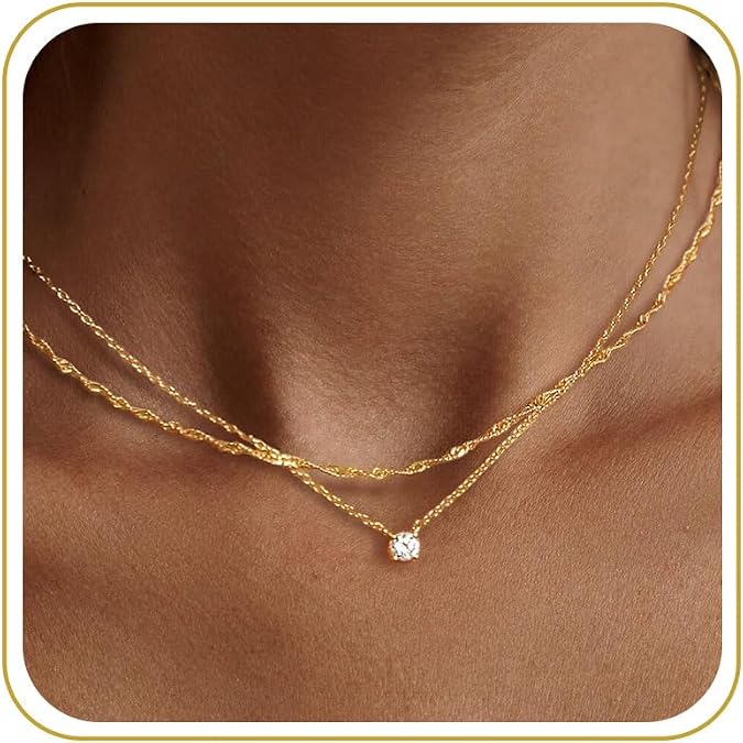 Tewiky Dainty 14k Gold Plated/Silver Cubic Zirconia Necklaces for Women, Simple CZ Jewelry Necklaces Trendy Gifts