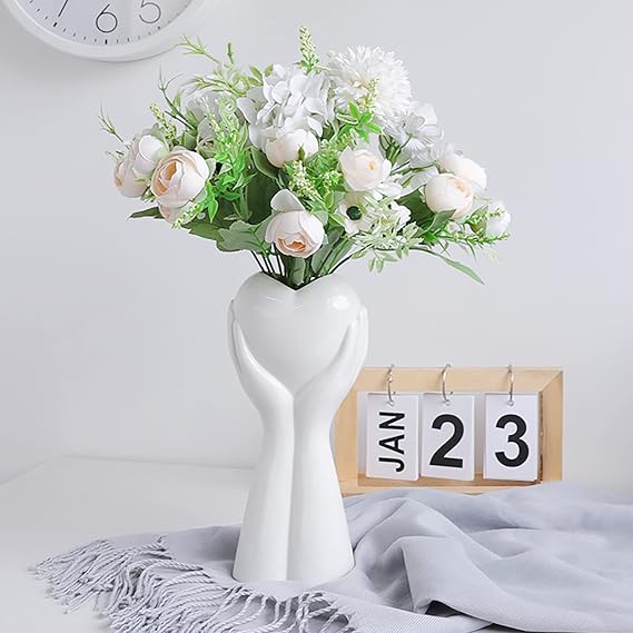 Creative Hand Holding Heart Vase,9'' H White Ceramic Vase,Modern Art Body Vase,Flower Vase for Wedding Home Decor,Shelf Decor Accents,Farmhouse Table Decor (White)