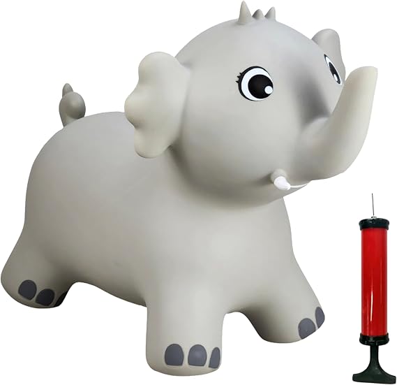 Happy Hopperz Grey Elephant Inflatable Bouncy Animal with Grippable Ears/Horns, Easy to Clean Space Hopper for Indoor and Outdoor Play, Bouncing Toy, Pump Included, 12 Months-5 Years