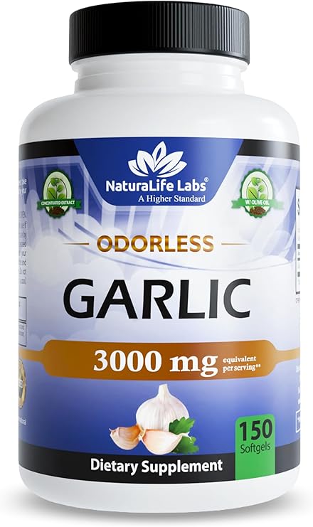 NaturaLife Labs Odorless Garlic Concentrated 100:1 Garlic Extract with Olive Oil 150 Softgels Non-GMO, Gluten-Free