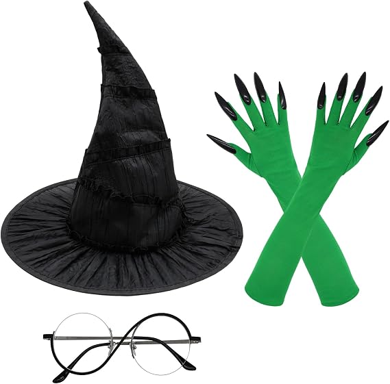 Witch Costume Accessories Set - Black Witch Hat, Round Frame Glasses & Green Claw Gloves for Women - Halloween Cosplay, Movie Props & Role-Playing Party
