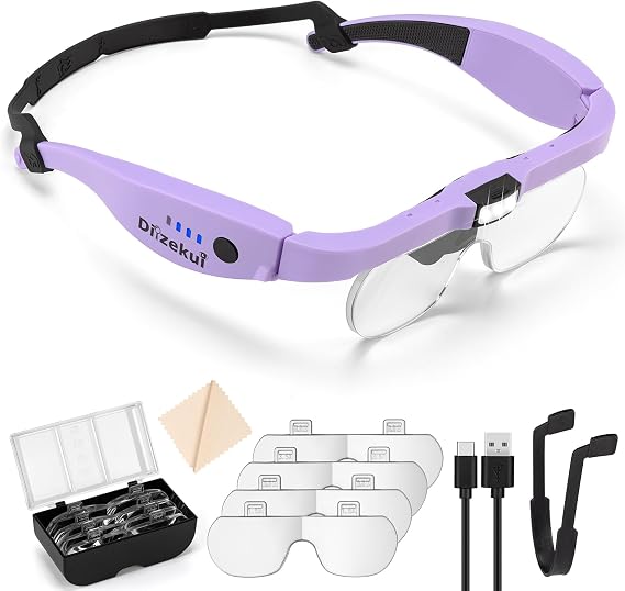Dilzekui Magnifying Glass w/Light,1.5X-5X Magnifying Glasses Acrylic Lenses | Rechargeable Light with 2 Levels, Type-c Charged, 2 Wearing Ways, Hands free Headband Magnifier for Close Work Craft Hobbies
