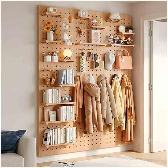 LXHELIVERY Pegboard Combination Wall Organizer Kit, 12mm Thick Wooden Pegboard, Wall Mount Display Peg Board Panel for Organize Home, Office, and Gaming Setup(Beige,40x60cm)
