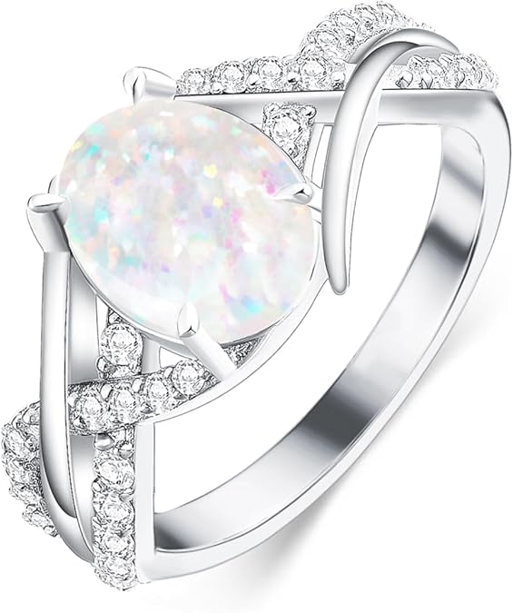 White Opal Rings for Women Oval 925 Sterling Silver Engagement Ring for Wedding Promise Oval October Birthstones Jewelry for Wife Size 5 to 13