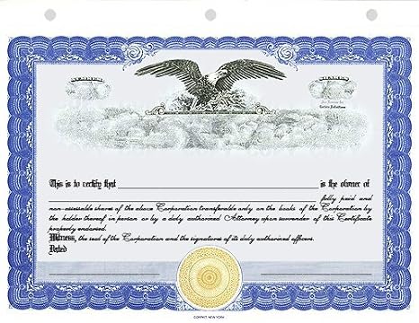 20 Blue CorpKit Standard Wording Corporation Stock Certificates (Eagle Border)