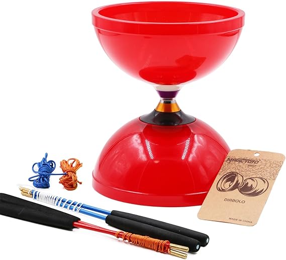 MAGICYOYO Diabolo MD01 Pro Triple Bearings Diabolos Yoyo for Kids Teens Adults, Beginners to Advanced Red Diabolo Spinning Juggling Skill Toy, 5" Chinese Yo-yo +2 Pairs Handsticks+Bag+2 Spare Cords