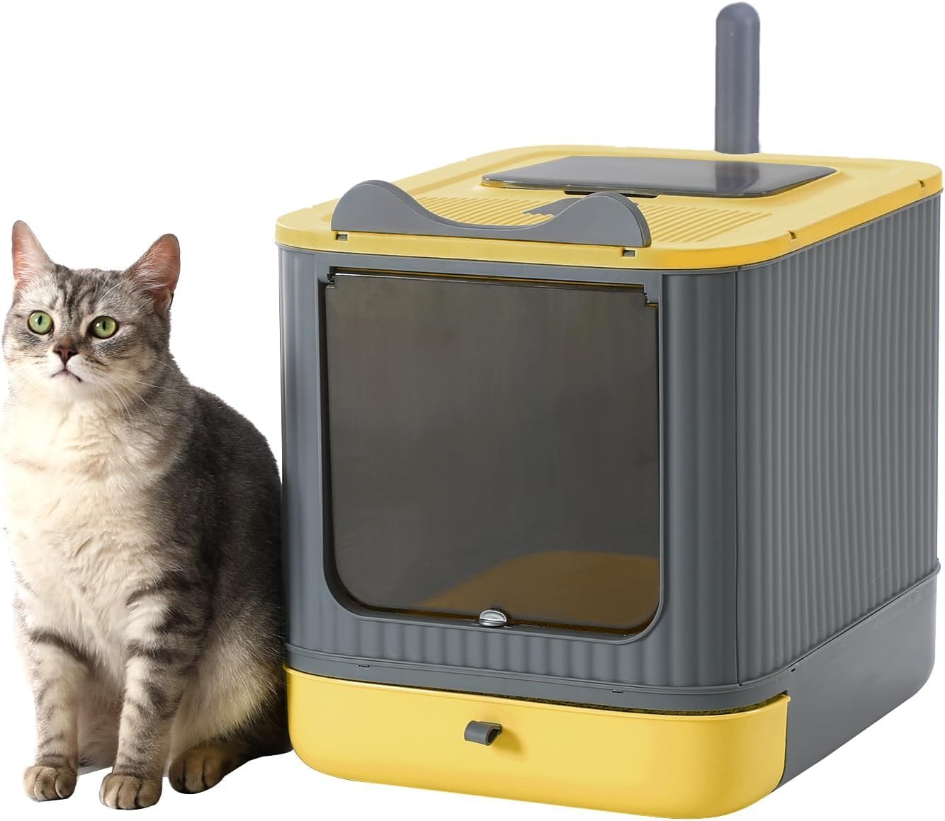 LCZLBRRD Upgraded Fully Enclosed Cat Litter Box with Lid, Covered Cat Box Enclosure, Anti-Splashing Easy to Clean Kitty Litter Boxes with Drawer, 3 Modes for Cat up to 12 lbs(Yellow&Grey)