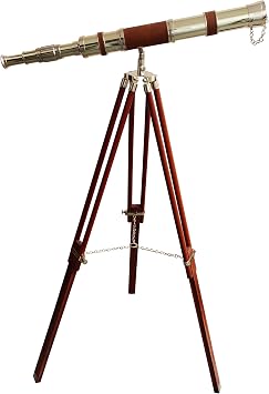 Vintage Floor Standing Brass Telescope Shiny Finish Adjustable Wooden Tripod Nautical Maritime Ship Single Barrel - Navirock