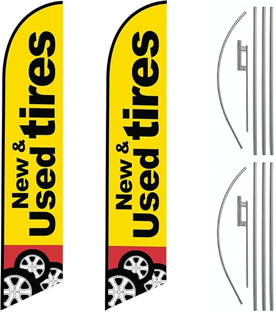 (FFN Pack 2) - 12FT Swooper Feather Flags NEW & USED TIRES (Yellow/Black) - Outdoor Signs Banners for Business Advertising with Complete 15FT Pole Kits & Ground Spikes - Idea for Tires Shop and Auto Services