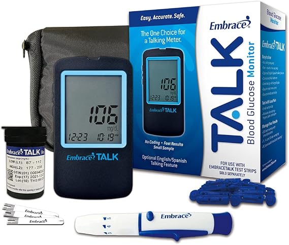 Embrace Talk Diabetes Testing Kit Embrace Talk Blood Glucose Meter, 50 Blood Test Strips, 1 Lancing Device, 30 Gauge Lancets-50 Count and Carrying Case