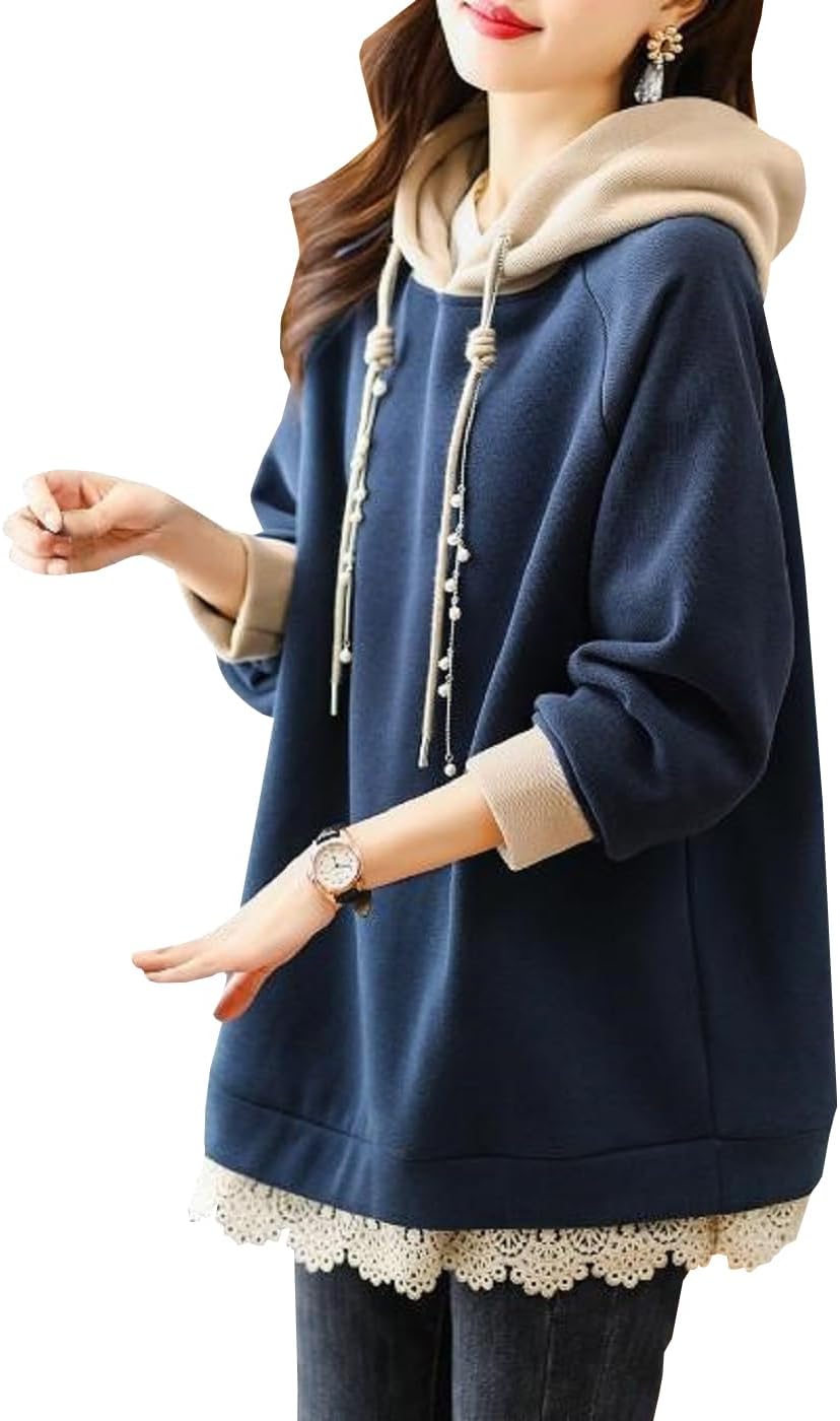 NEKORA Womens Hoodie, S - 4XL, Pullover, Hooded, Lace Top, Faux Pearl,