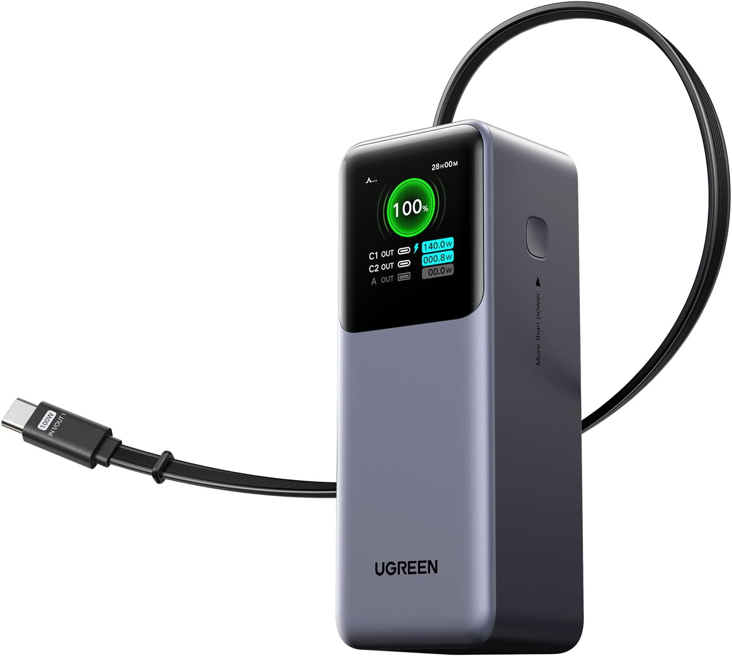 UGREEN Nexode 巻取式USB-Cケーブル内蔵 モバイルバッテリー 20000mAh・165W ノートPCにも急速充電対応 PD・PPS 5A仕様対応 TFTディスプレイ搭載 パススルー低電流モード PSE技術基準適合 MacBook PD対応Windows PC iPad iphone17 Galaxy S26 Ultra Android スマホ ノートPC対応 PB726