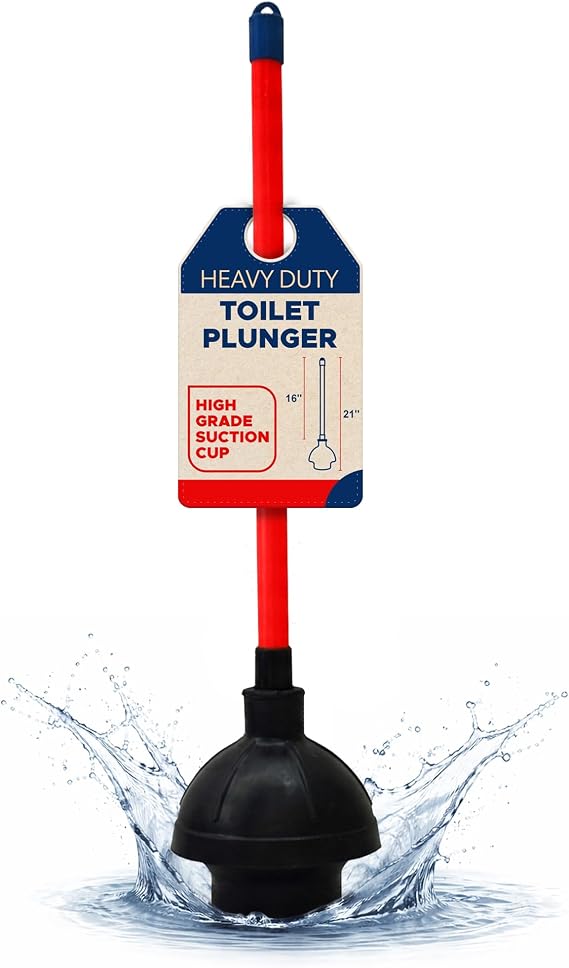 Heavy Duty Toilet Plunger for Bathroom - Commercial & Industrial Plunger with High-Grade Suction Cup - Drain, Sink & Toilet Clog Remover - Flange Plunger with Red Handle