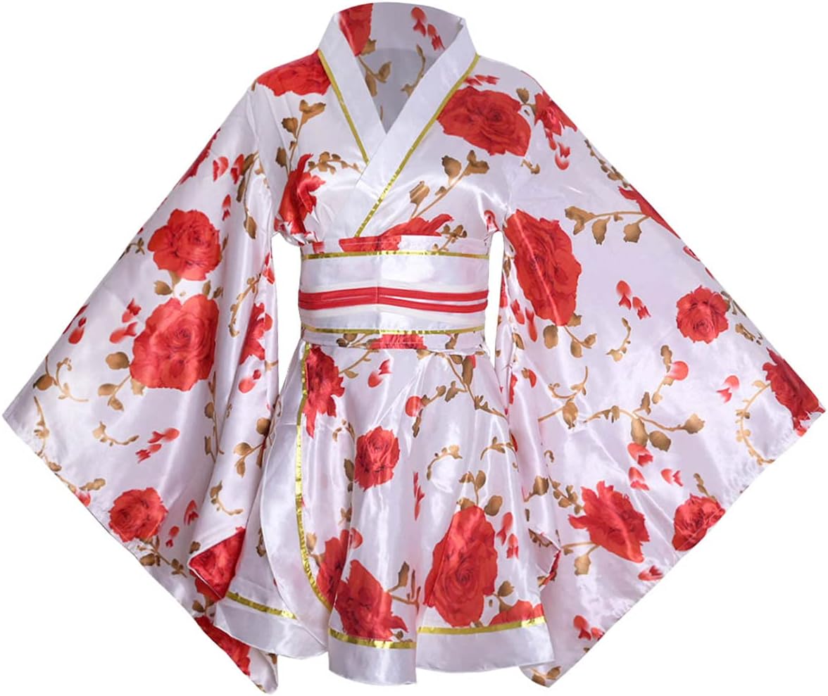 HONGFU Womens Short Kimono Costume, Floral Pattern, Long Sleeve, Japanese Traditional Geisha, Yukata, Lolita Dress, Sexy Bath, Srobe, Sleepwear Robe, Belt Outfit