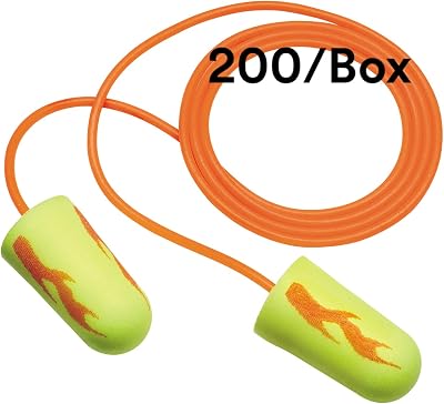 3M Ear Plugs, Pack of 200, E-A-Rsoft Yellow Neon Blasts 311-1252, Corded, Disposable, Foam, NRR 33, Drilling, Grinding, Machining, Sawing, Sanding, Welding, 1Poly Bag