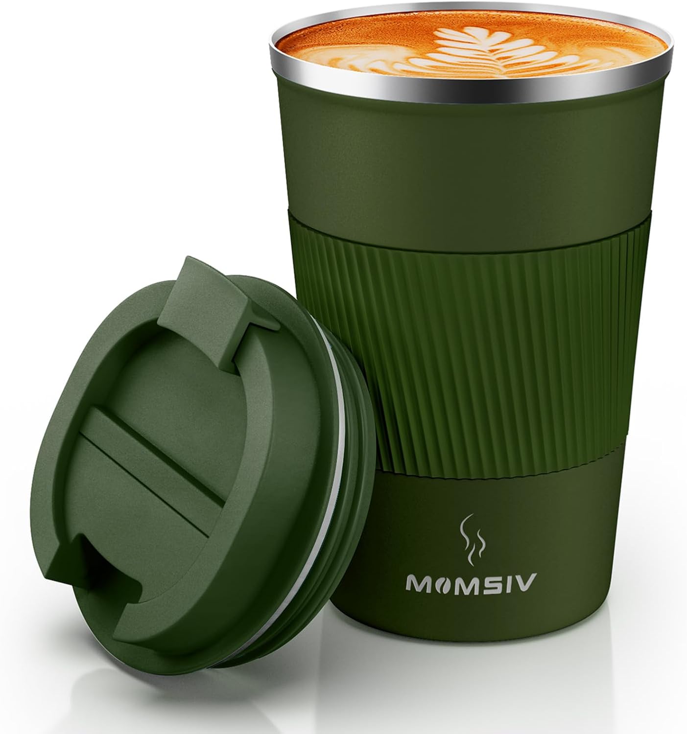 MOMSIV Coffee Cup, Insulated Coffee Cup with Leakproof Lid, Non-Slip Vacuum Reusable Stainless Steel Eco-Friendly Travel Office Mug for Hot and Cold Water Coffee and Tea, 380ml13ozArmyGreen