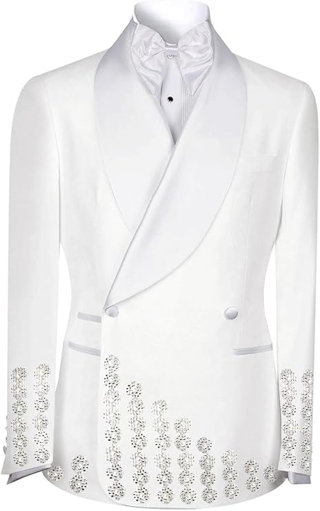 Men's Luxury Rhinestone Embellishments Tuxedo Blazer Shawl Lapel Double Breasted Prom Banquet Party Formal White