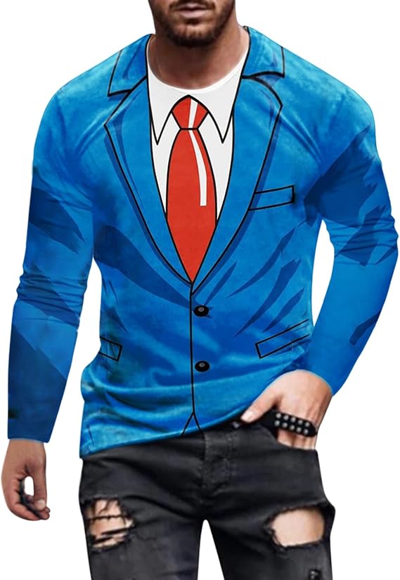 Tuxedo T-Shirt for Men Bowtie Graphic Novelty Printing Tees Long Sleeve Crewneck Pullover Tops Hip-Pop Stylish Tees