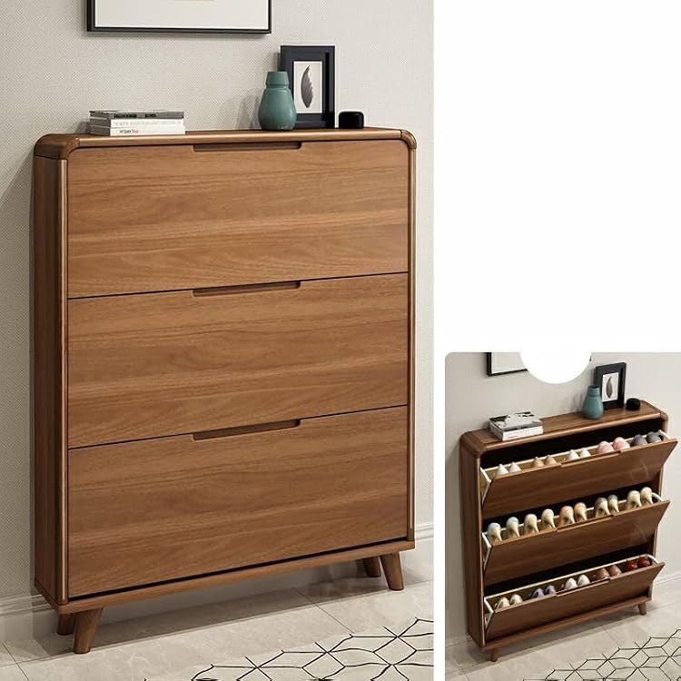 CraftThink Wood Shoe Storage Cabinet, Narrow Slim Wall Mounted Tipping Bucket Shoe Rack Organizer with 3 Flip Drawers and Adjustable Shelves for Bedroom Entryway Nut-Brown, 39 L x 7 W x 47.5 H