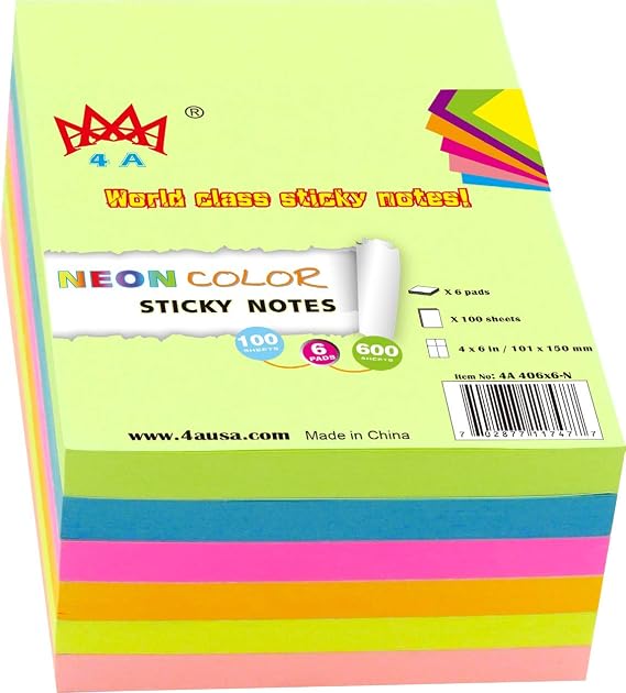 Sticky Notes,4 x 6 Inches,Large Size,Neon Assorted,Self-Stick Notes,100 Sheets/Pad,6 Pads/Pack,4A 406x6-N
