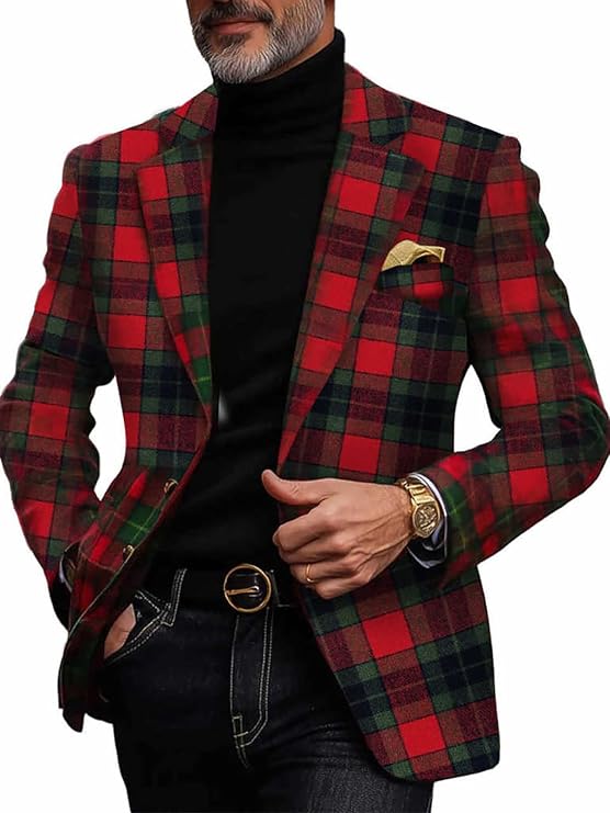Red Plaid Checkered Green Stripe Mens Blazer Jacket Notch Lapel Single Breasted Suit for Christmas Casual Party