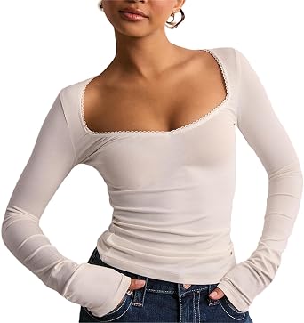 Women Y2k Long Sleeve Crop Tops Lace Trim Square Neck Slim Fit T-Shirt Cute Going Out Tops Low-Cut Aesthetic Shirt
