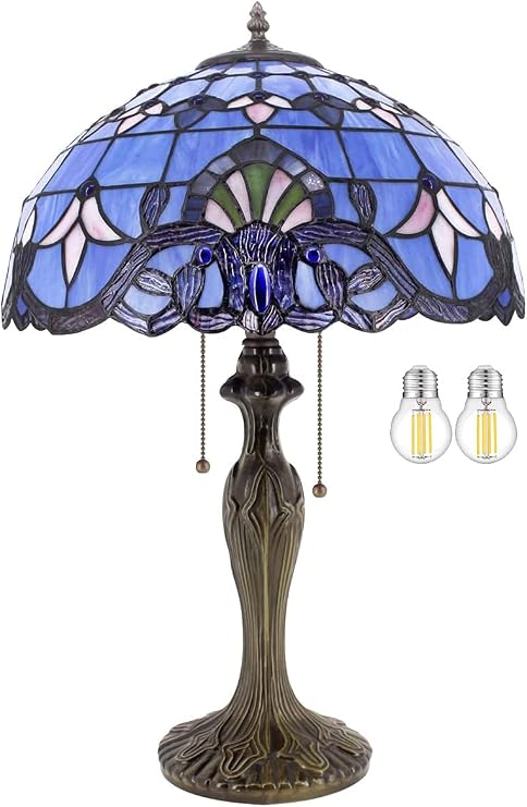 WERFACTORY Tiffany Lamp Blue Purple Stained Glass Baroque Table Lamp Lavender Style Bedside Desk Light Metal Base 16X16X24 Inches Decor Bedroom Living Room Home Office S003C Series (24 Inch)