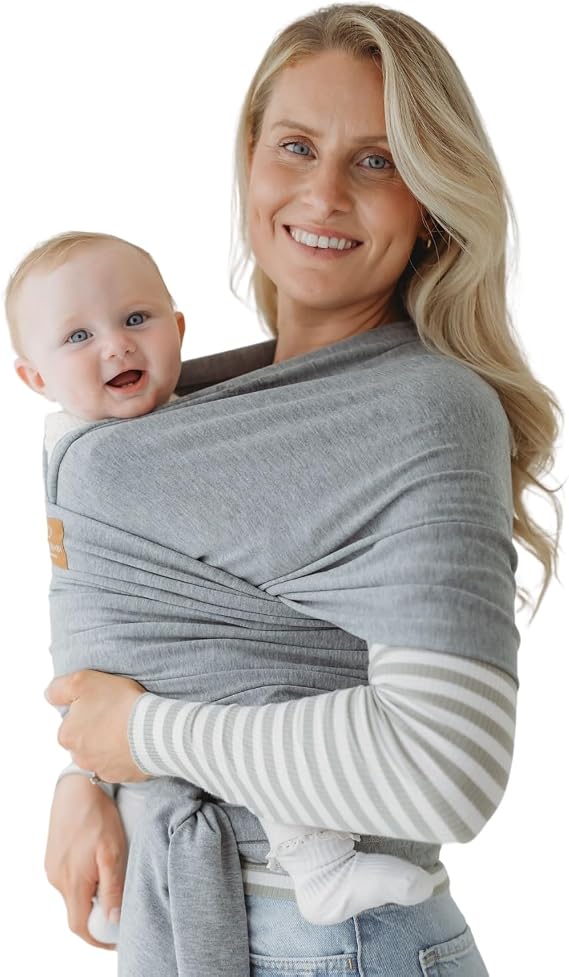 RYLOOBABY Baby Sling Carrier & Stretchy Baby Wrap – Newborn Baby Carrier 3.2–15 kg, Soft Cotton Hands-Free Babywearing Sling, Hip Healthy, One Size XXS–L – Medium Grey