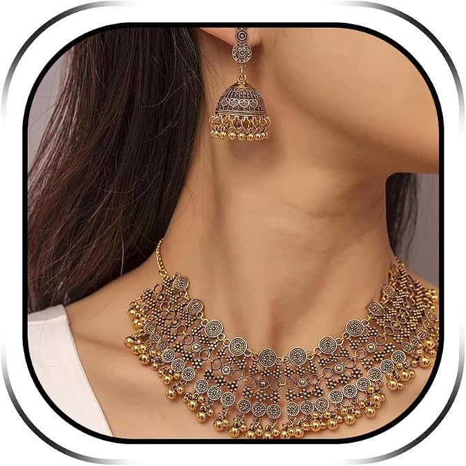 Indian Jewelry Sets for Women Choker Necklace and Earrings Set for Wedding Bollywood Jewelry Sets Bharatanatyam Indian Dresses Outfits for Women Diwali Gifts