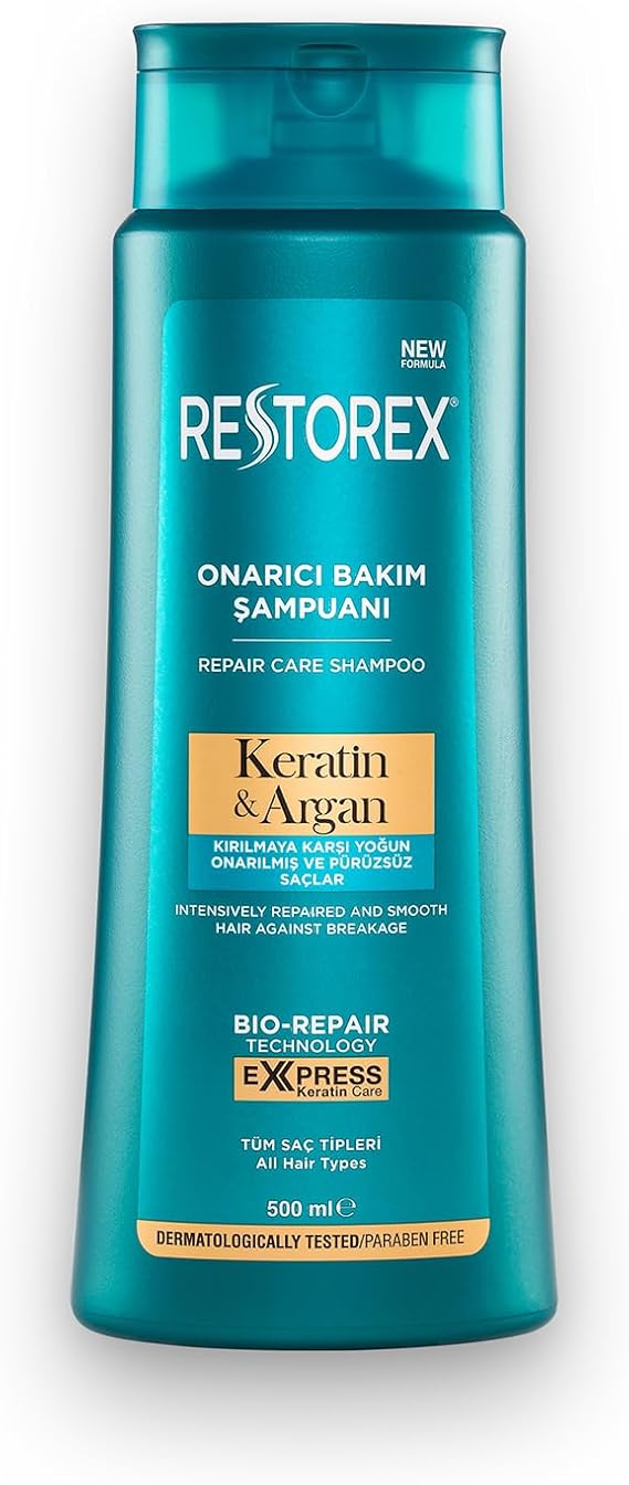 Restorex Keratin & Argan Onarıcı Bakım Şampuanı 500ml - Kırılmaya Karşı Yoğun Onarılmış ve Pürüzsüz Saçlar - Tüm Saç Tipleri