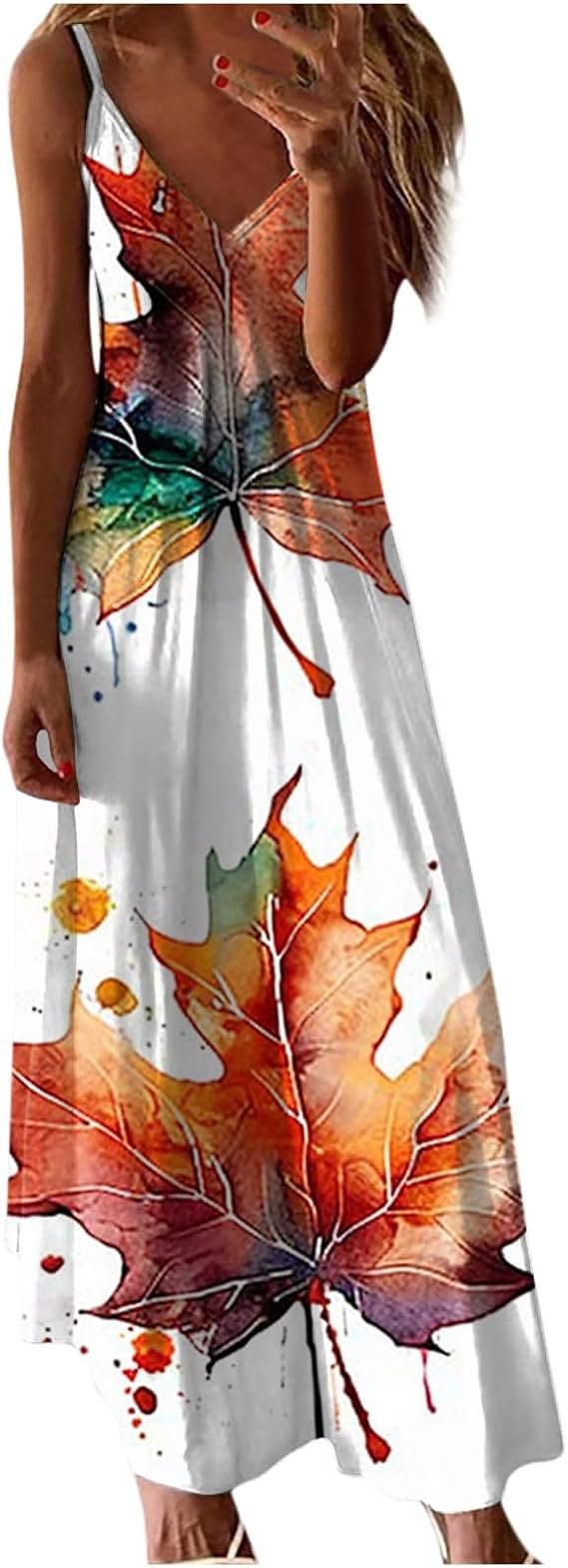 Akklian Women Summer Maxi Dress Casual V-Neck Sleeveless Bohemian Spaghetti Strap Floral Print Beach Dress Flowy Long Dresses