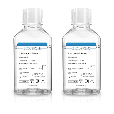 0.9% Normal Saline Solution, Sodium Chloride, Lab Use, 1000mL2 | NaCl solution, Sterile, Ready-to-use Saline, Laboratory Research Use Only, No Additives, Total 2000mL