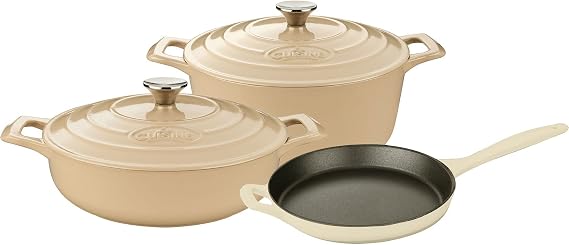 La Cuisine Piece Enameled Cast Iron 5 pc Set, Pro Range 3.75QT Saute, 6.5QT Round w/lid, 10" Fry Pan-Cream, LC2685MB