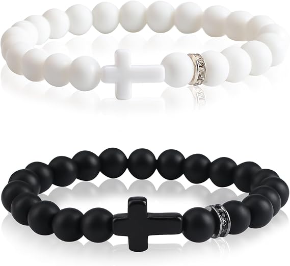 WANDIC 2 Pcs Cross Beads Bracelet, Black White Elastic Christian Bracelet Adjustable Cross Jesus Wristband for Women Men Jewelry Gifts