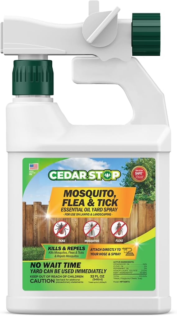 32 Ounce Essential Oil Yard Spray - Plant Based Flea, Tick and Mosquito Repellent Pest Control Spray Treatment and Insect Killer - Safe Around Kids, Pets, and Plants