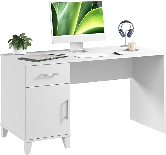 Bush Home 54-Inch Office Desk with Drawer and Storage Cabinet, Computer Desk with Box Drawer and Adjustable Shelf, Home Office Workstation Furniture, Somerset Collection, White